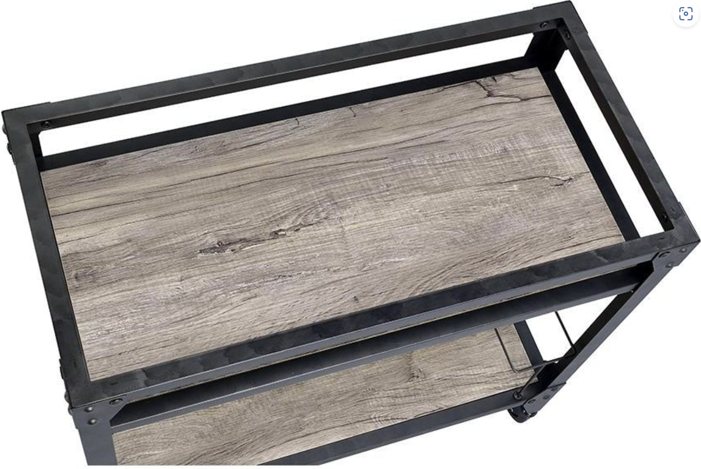 Industrial metal and wood shelf unit top view