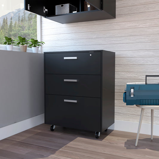 Black drawer mobile filing cabinet with silver handles and lock