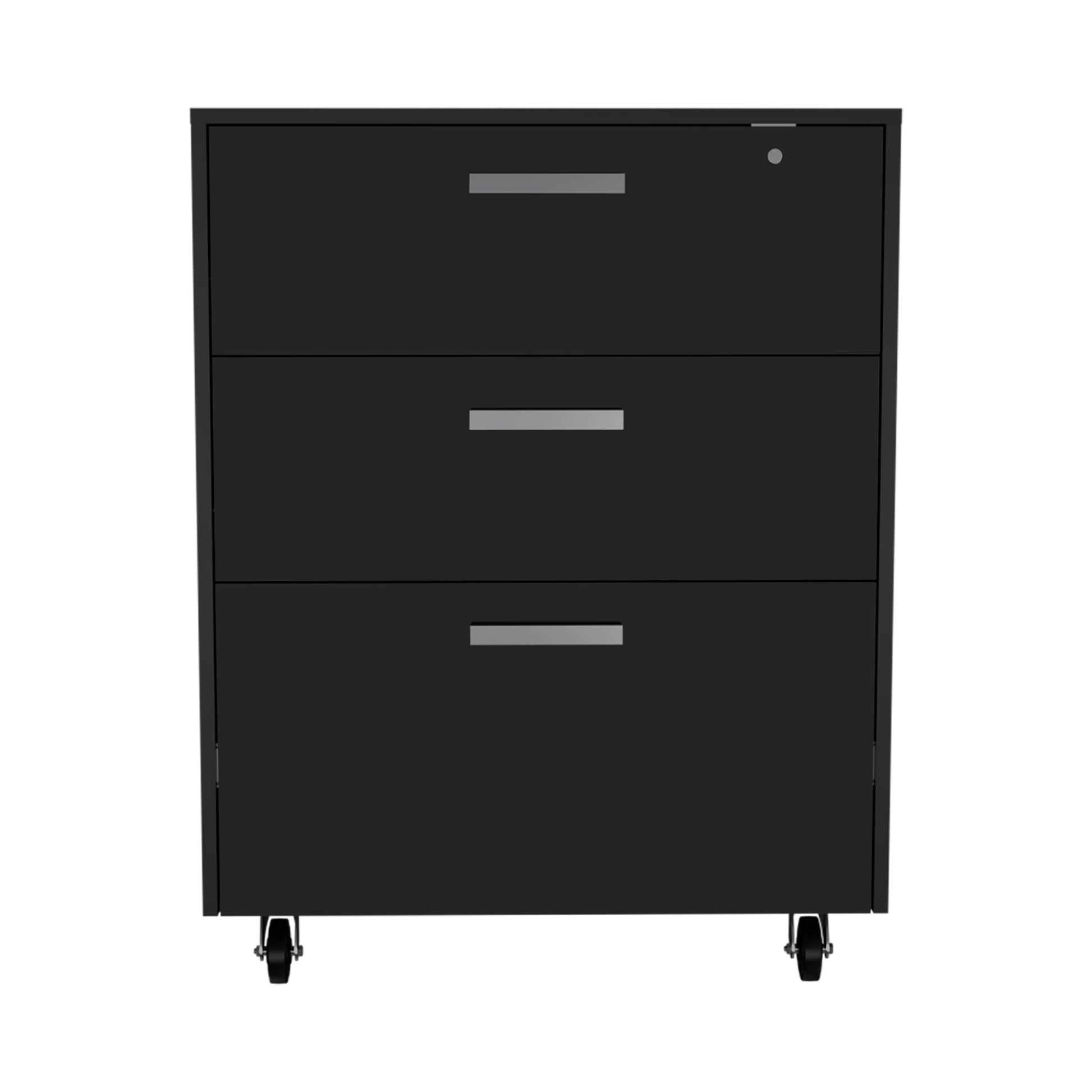 Black metal drawer filing cabinet with locking top drawer and casters