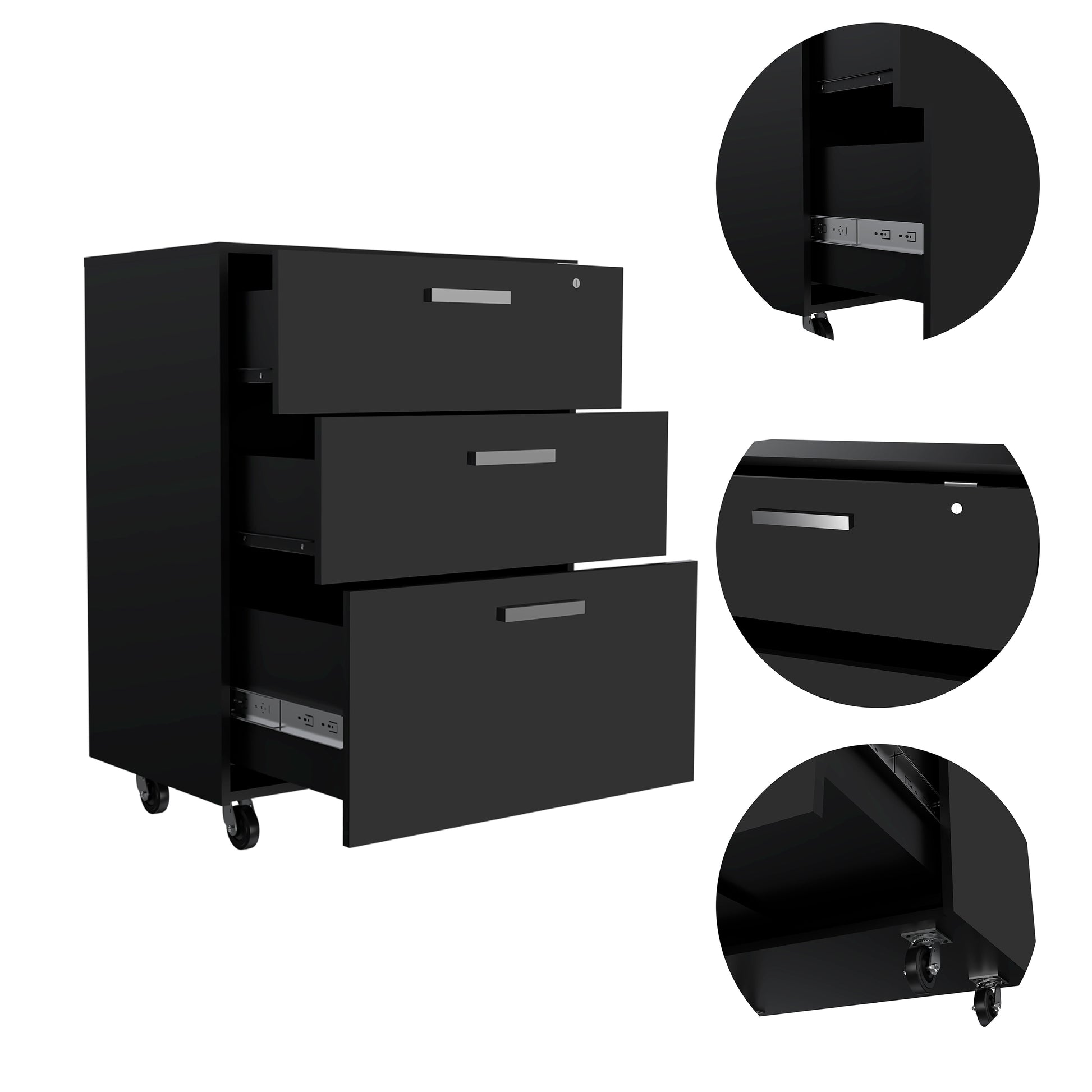 Sleek black drawer mobile filing cabinet with silver handles perfect for office organization