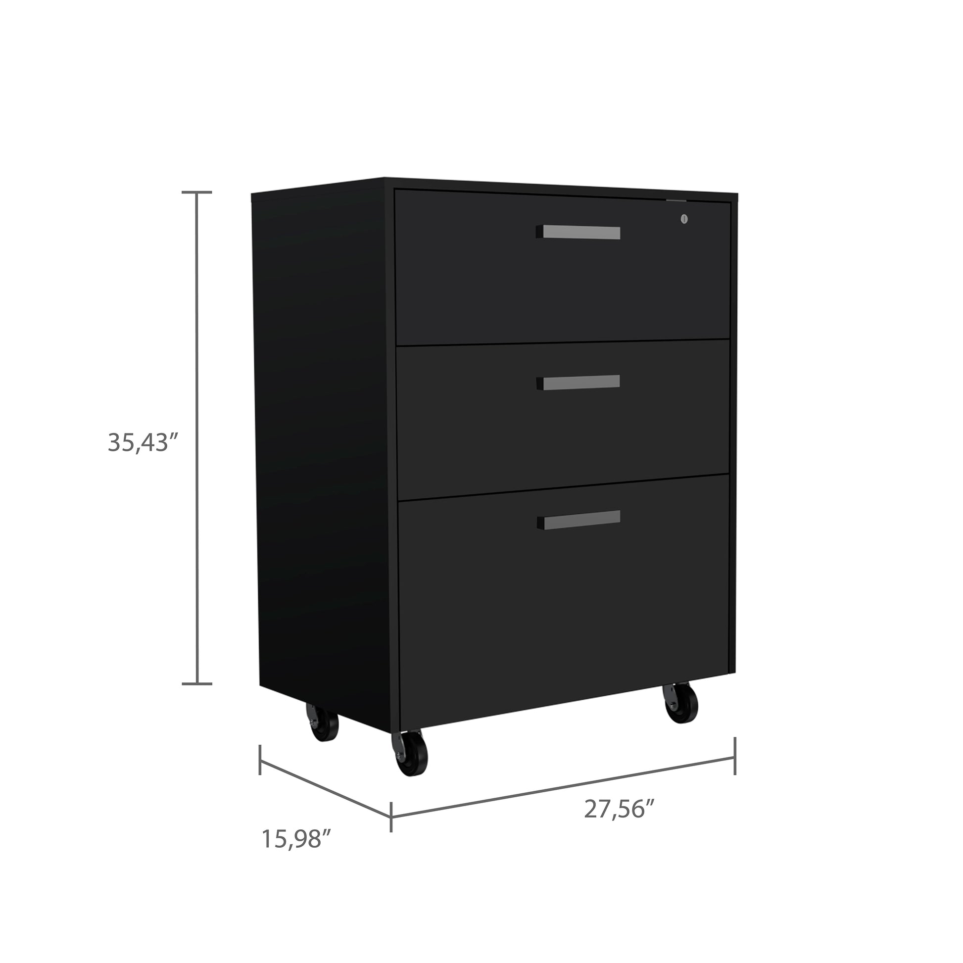 Black metal filing cabinet with three drawers and casters
