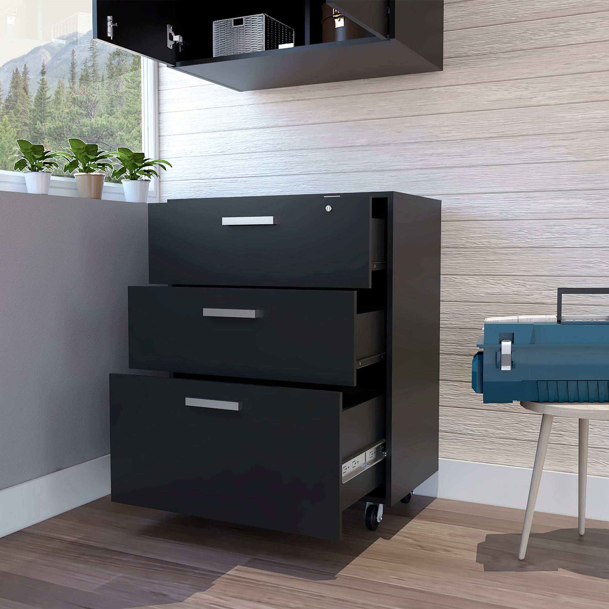 Black threedrawer mobile filing cabinet with silver handles and lock for office organization