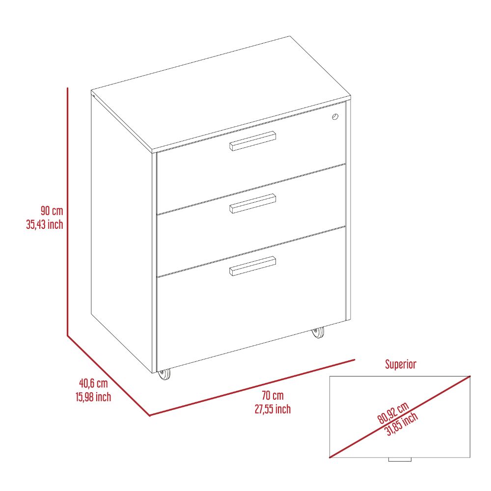 White drawer filing cabinet on wheels with brushed metal handles cm H