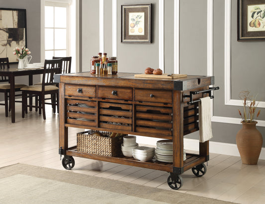 Rustic wooden kitchen island with drawers and shelves