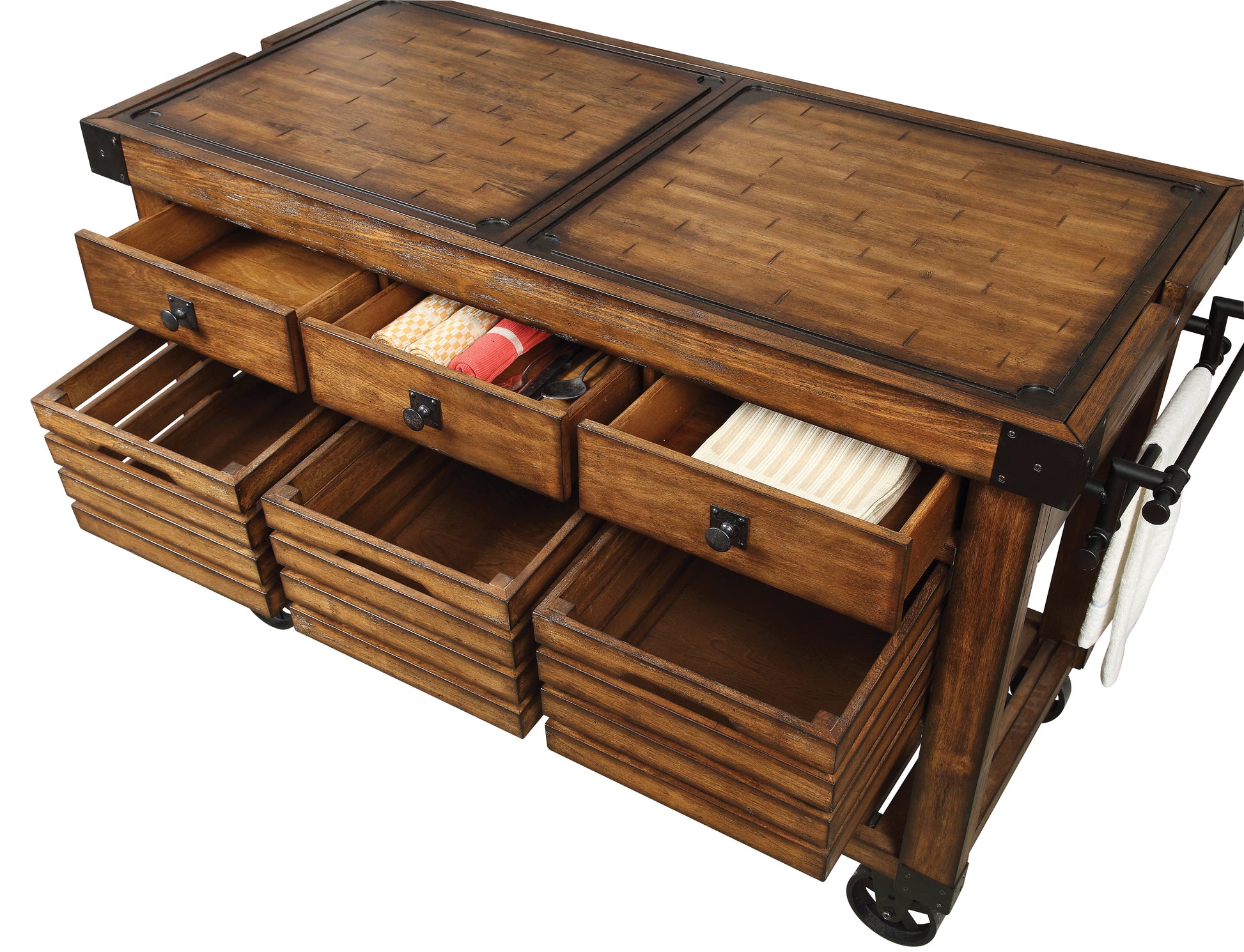 Rustic wooden kitchen island with drawers and open storage