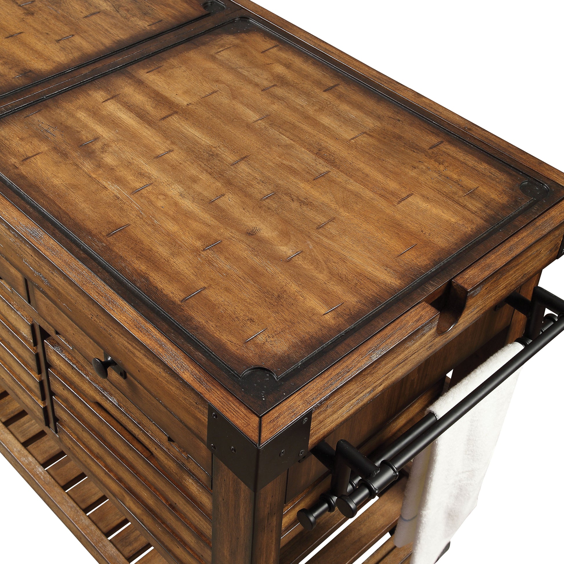 Rustic wood kitchen island with slatted sides and black hardware