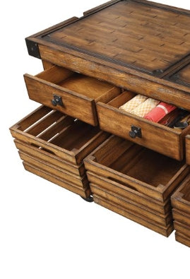 Rustic wood kitchen island with open drawers and pullout crates