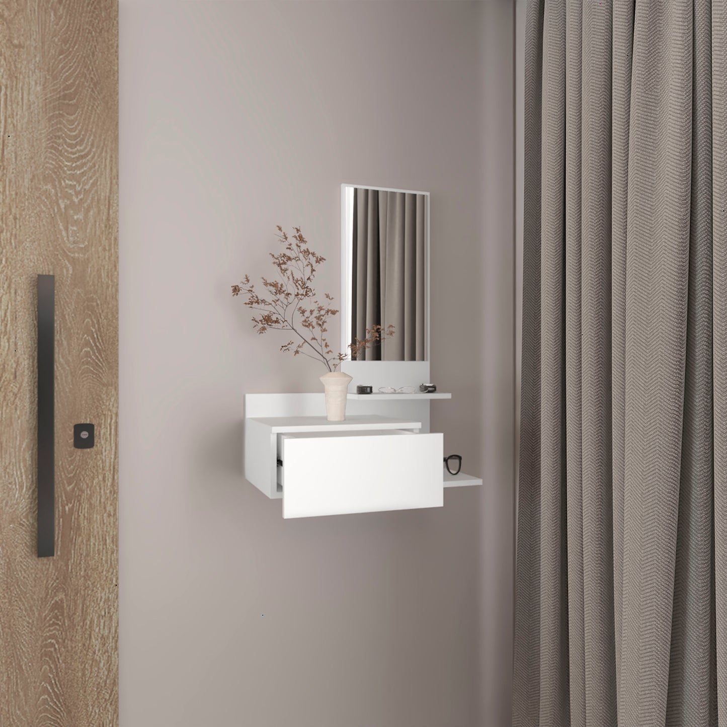 Minimalist white floating shelf with a single drawer and a small upper shelf perfect for entryways