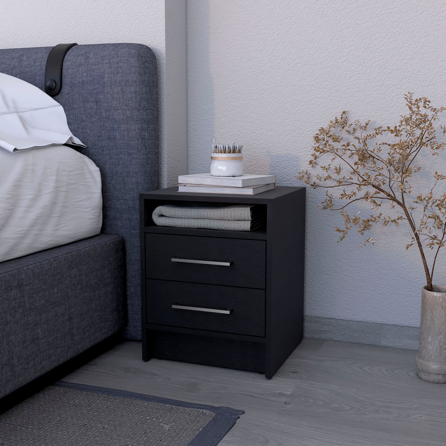 Dark gray modern nightstand with two drawers and an open shelf
