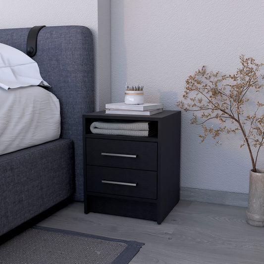 Dark gray modern nightstand with two drawers and an open shelf
