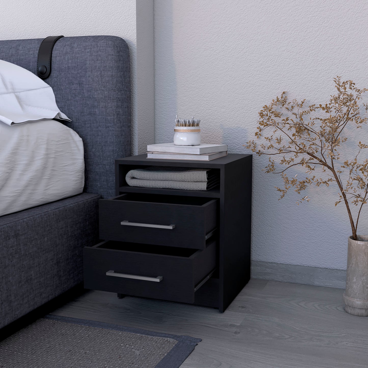 Modern black nightstand with two drawers and open shelf perfect for bedrooms