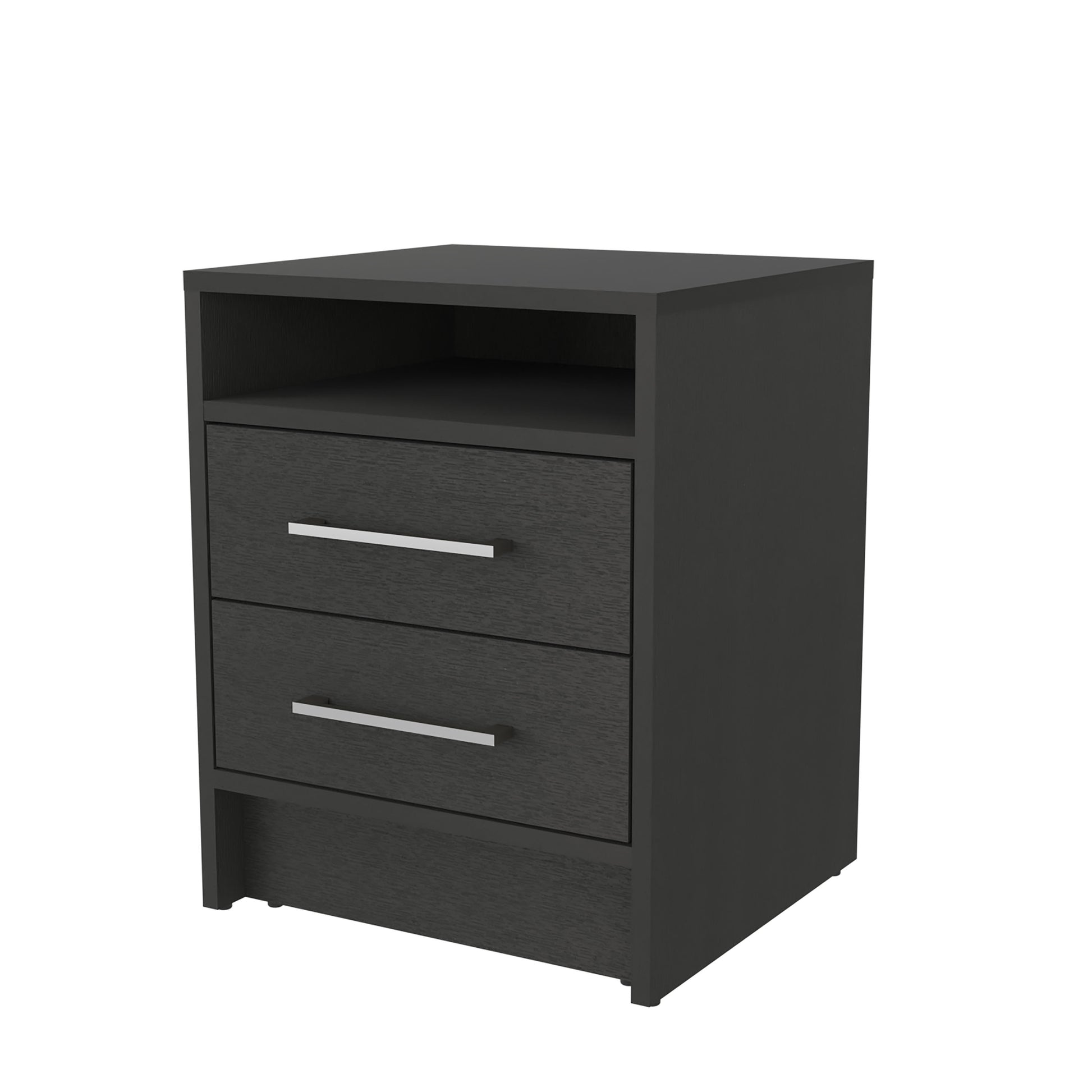 Dark gray wood veneer nightstand with two drawers and open shelf