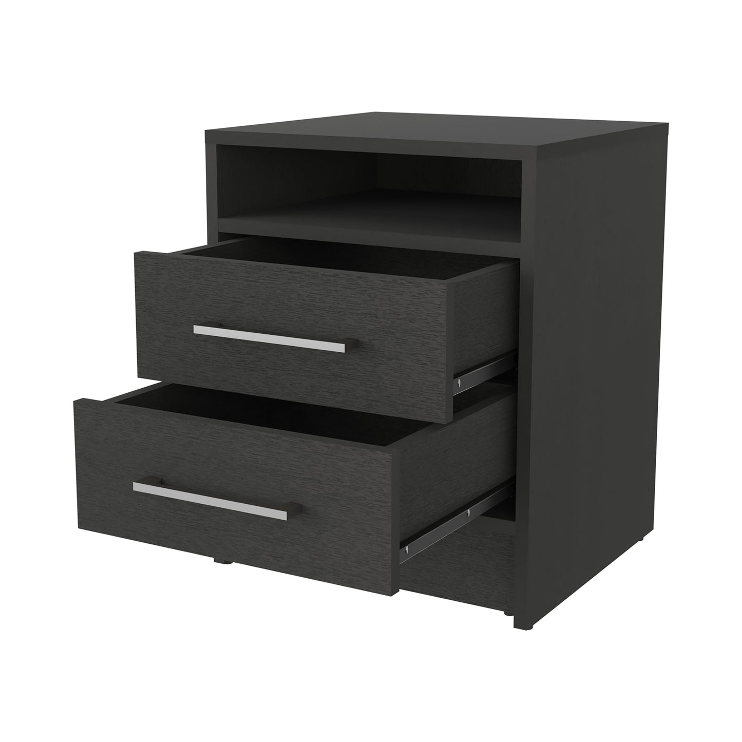 Dark grey modern nightstand with two drawers and an open shelf
