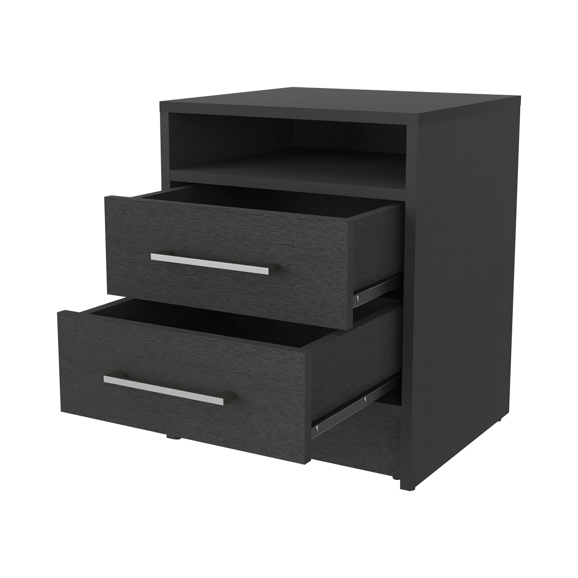 Dark grey modern nightstand with two drawers and an open shelf