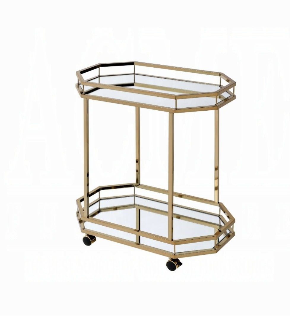 Gold metal bar cart with mirrored shelves and wheels