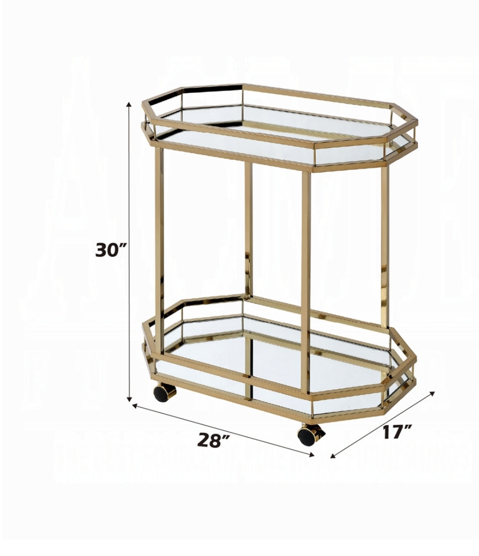 Gold octagon bar cart with mirrored shelves and wheels