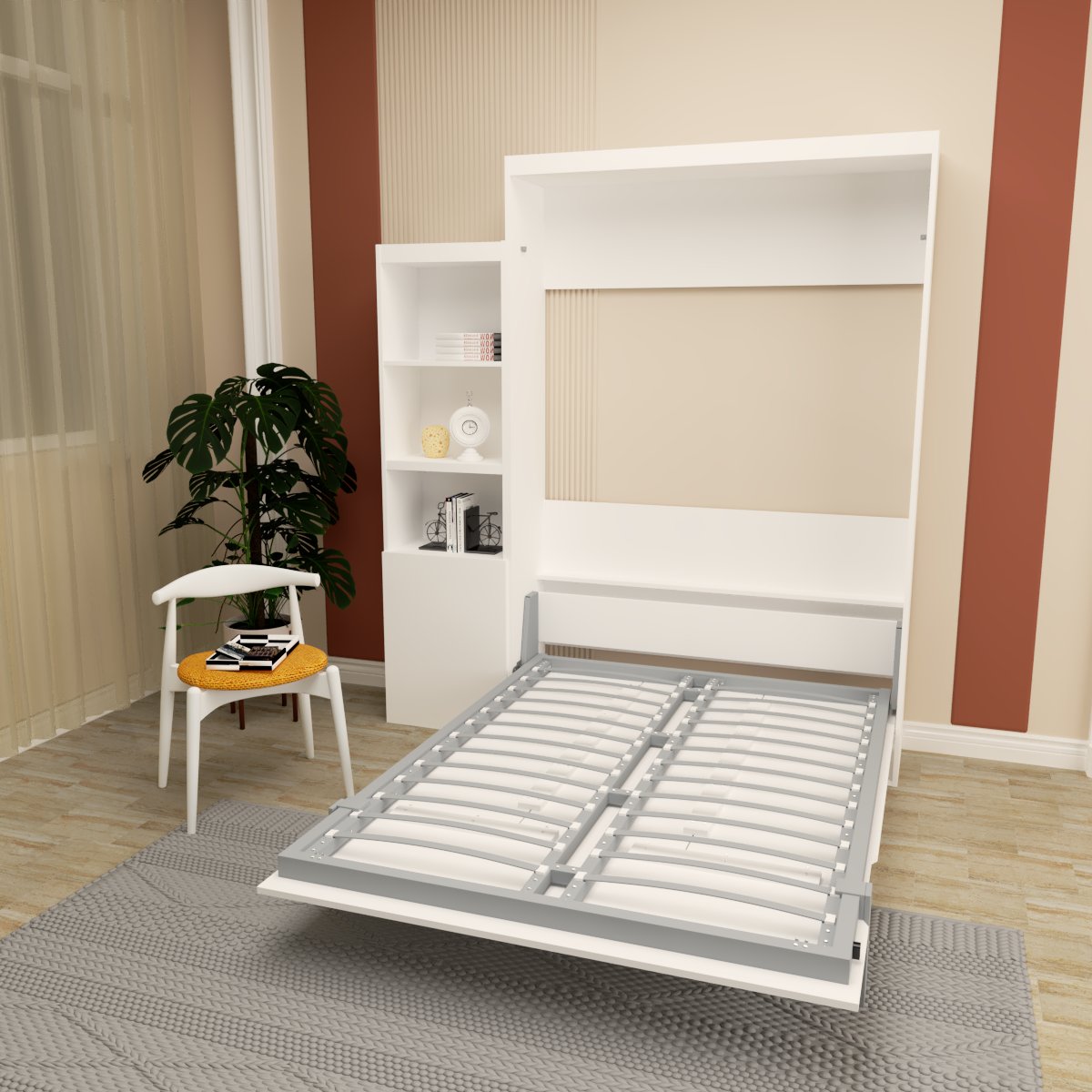 White wall bed with open mattress frame and adjacent shelving unit