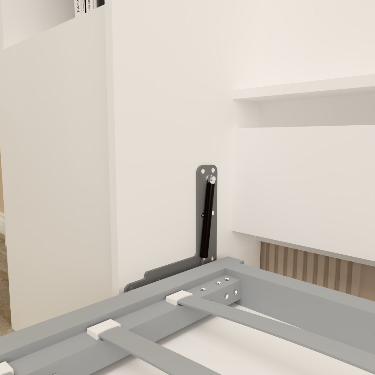 Gray metal bed frame with lift mechanism