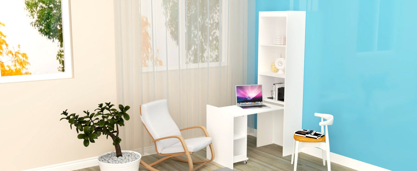 Compact white folding desk with shelves and a laptop for home office use