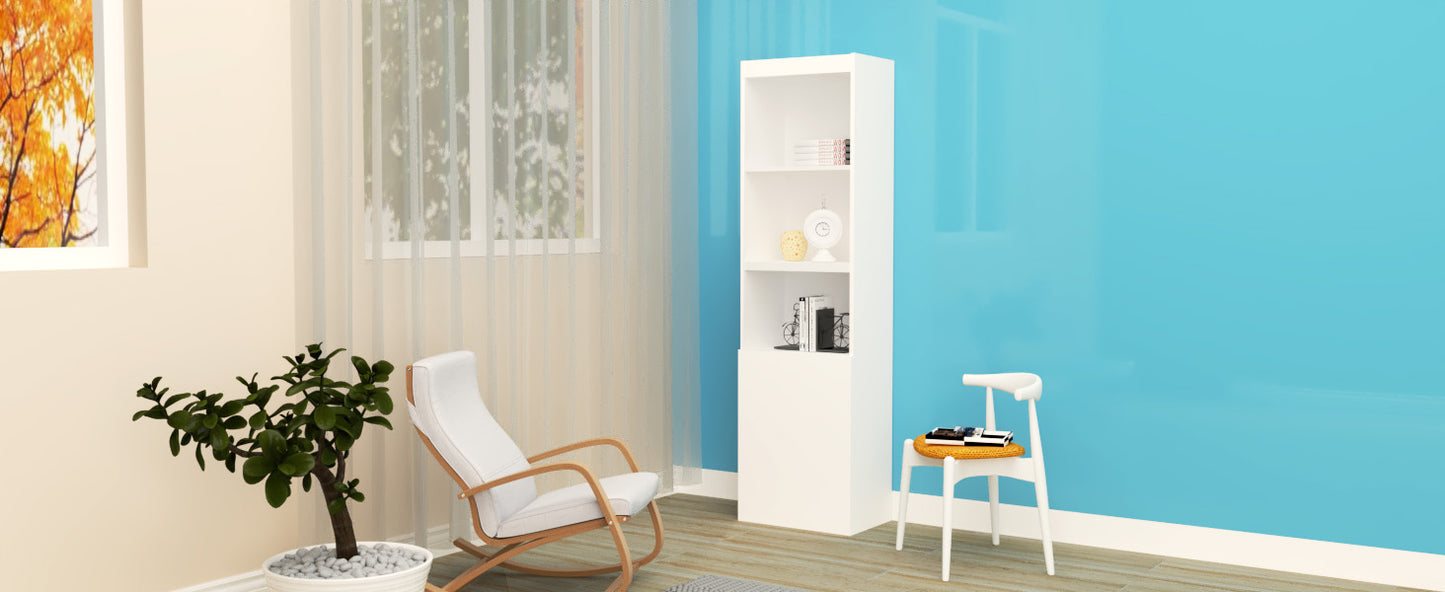 White modern bookshelf with decorative items and books displayed