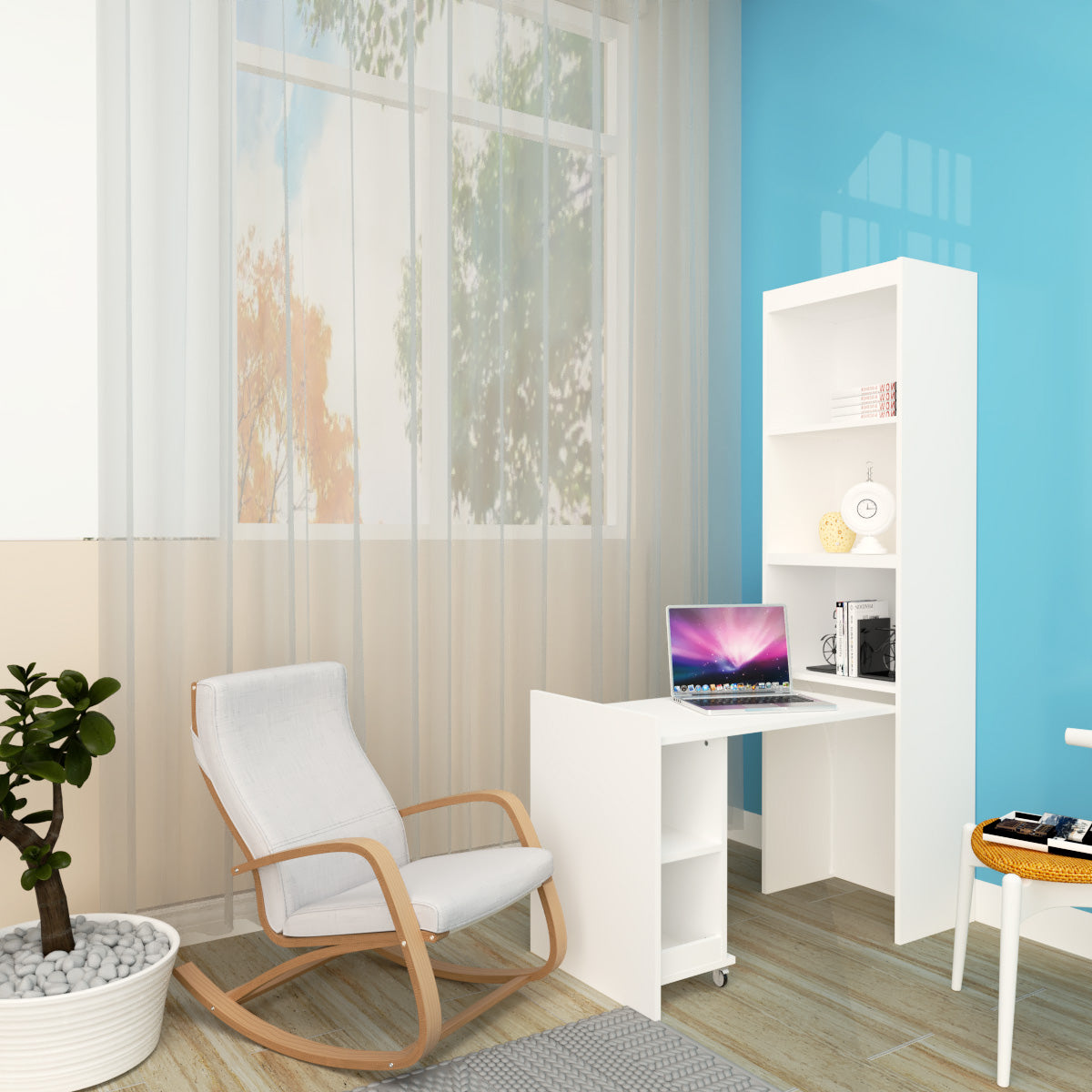 White rocking chair with wooden frame and gray cushion