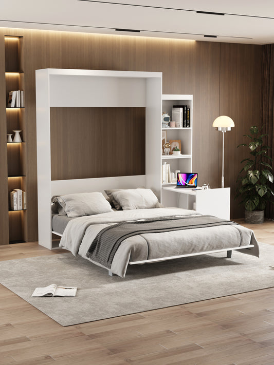 White Murphy bed with integrated desk and bookshelf queen size for small spaces