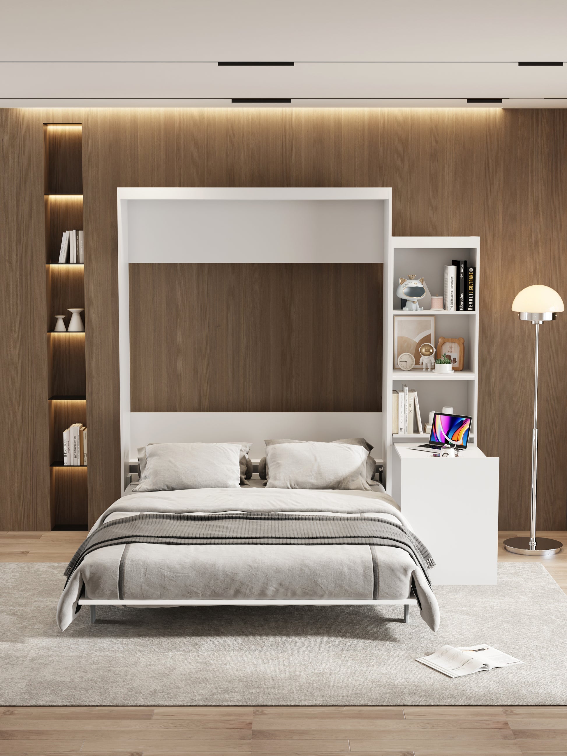 White Murphy bed with integrated shelving and desk