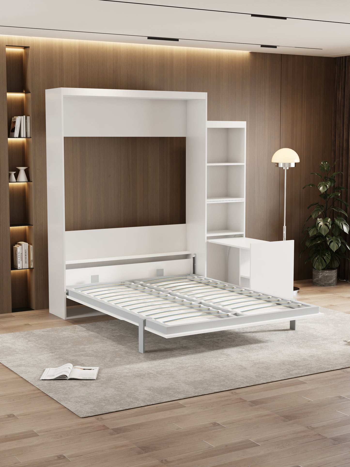 White murphy bed with exposed mattress slats and attached shelving unit