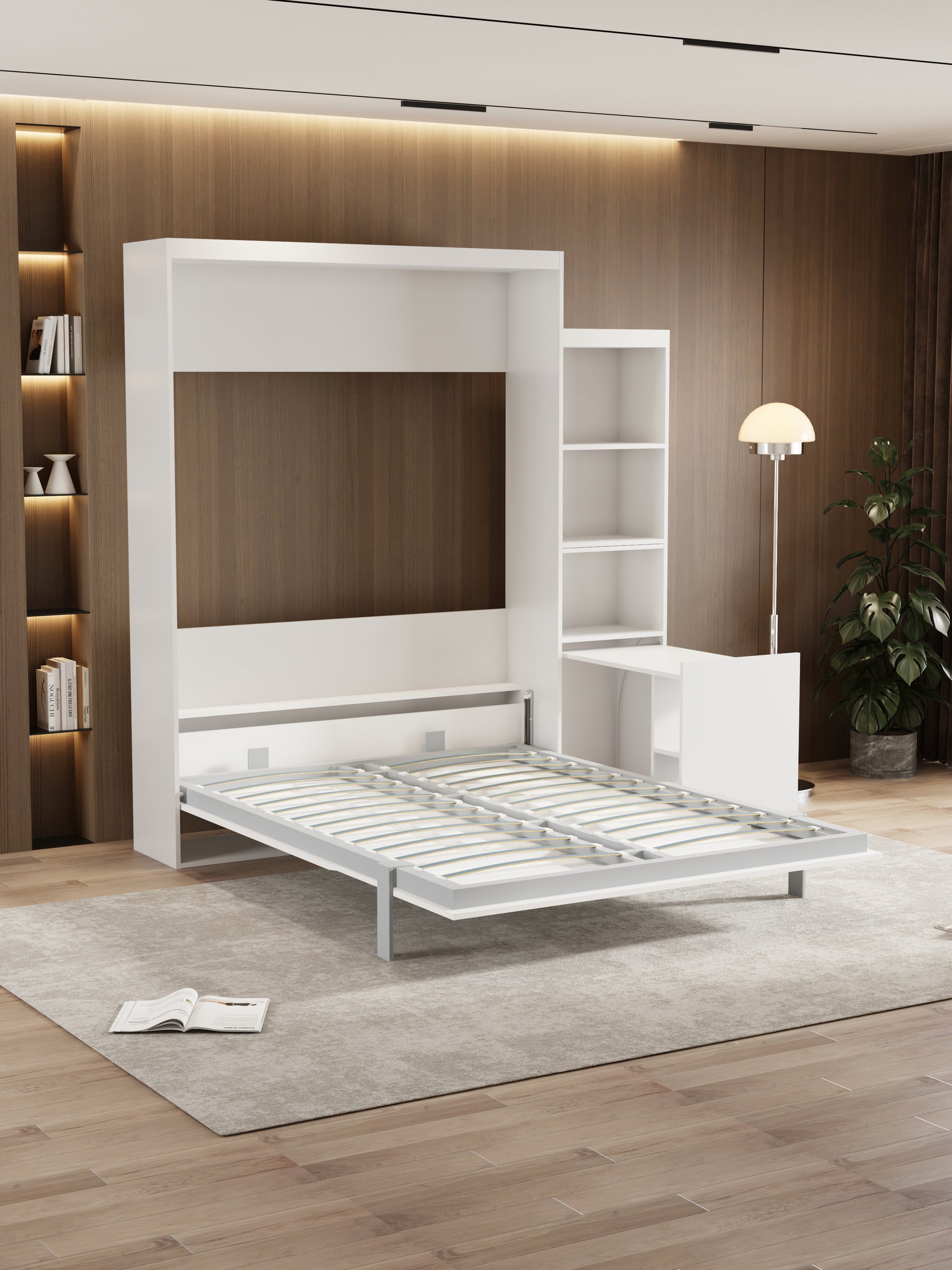 White murphy bed with exposed mattress slats and attached shelving unit