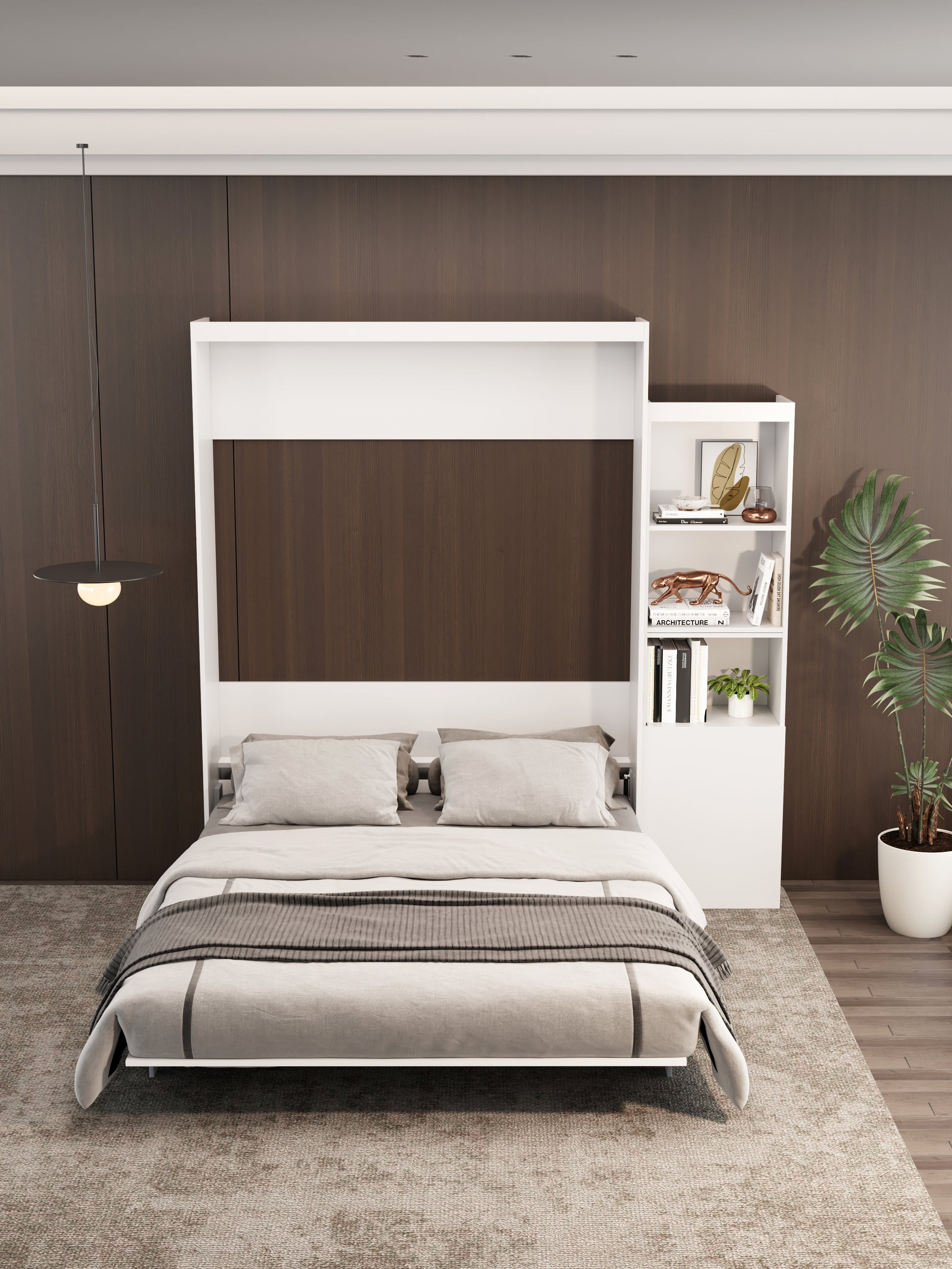 White Murphy bed with attached shelving unit and queensize mattress