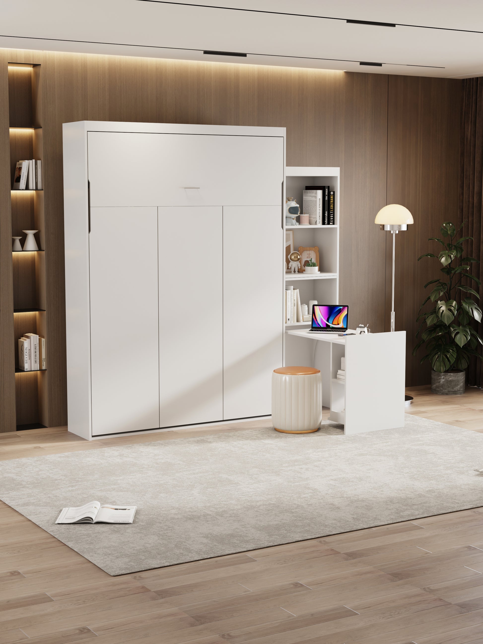 Closed white murphy bed with integrated desk and shelving