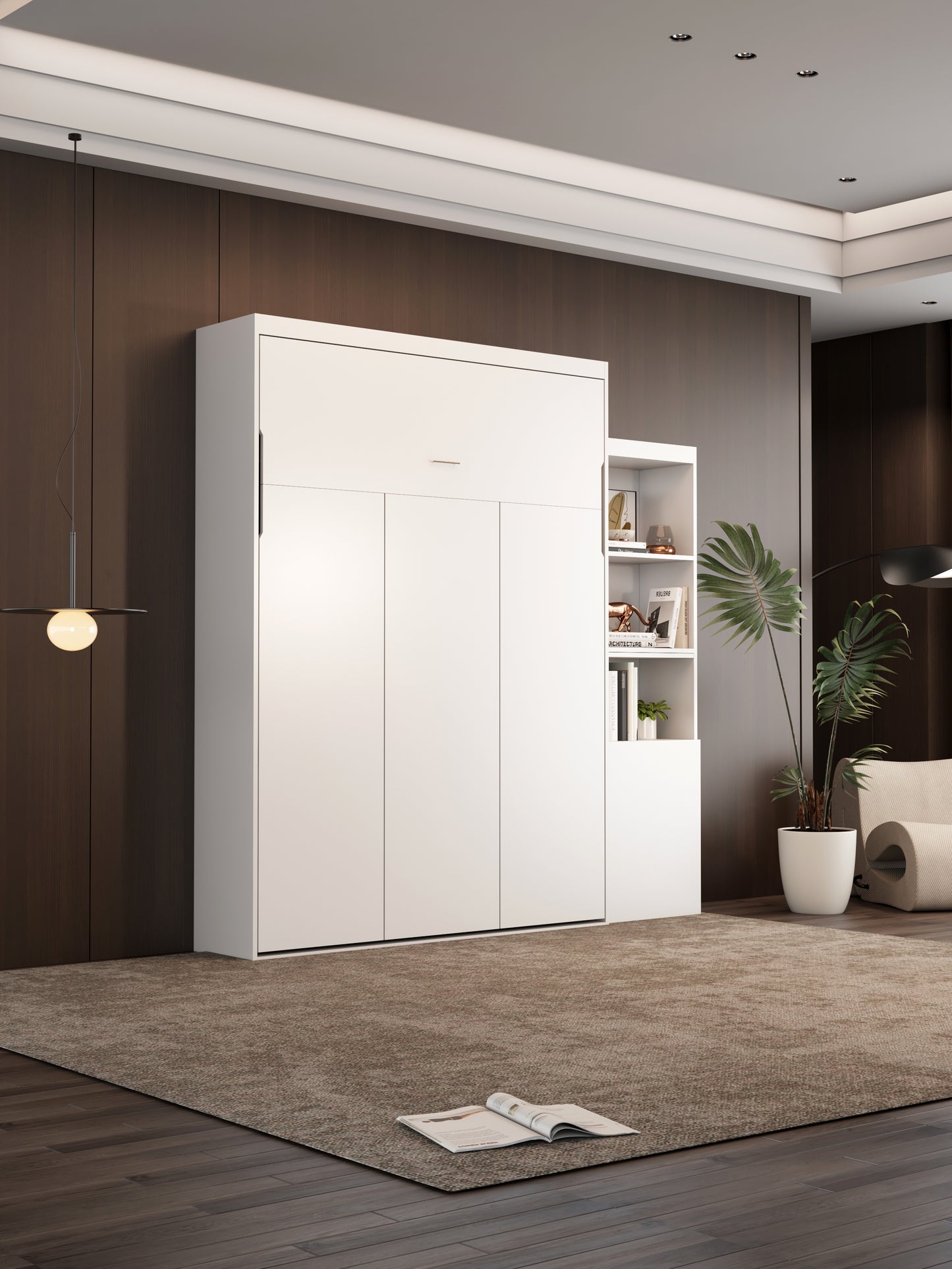White Murphy bed with integrated shelving ideal for small apartment solutions