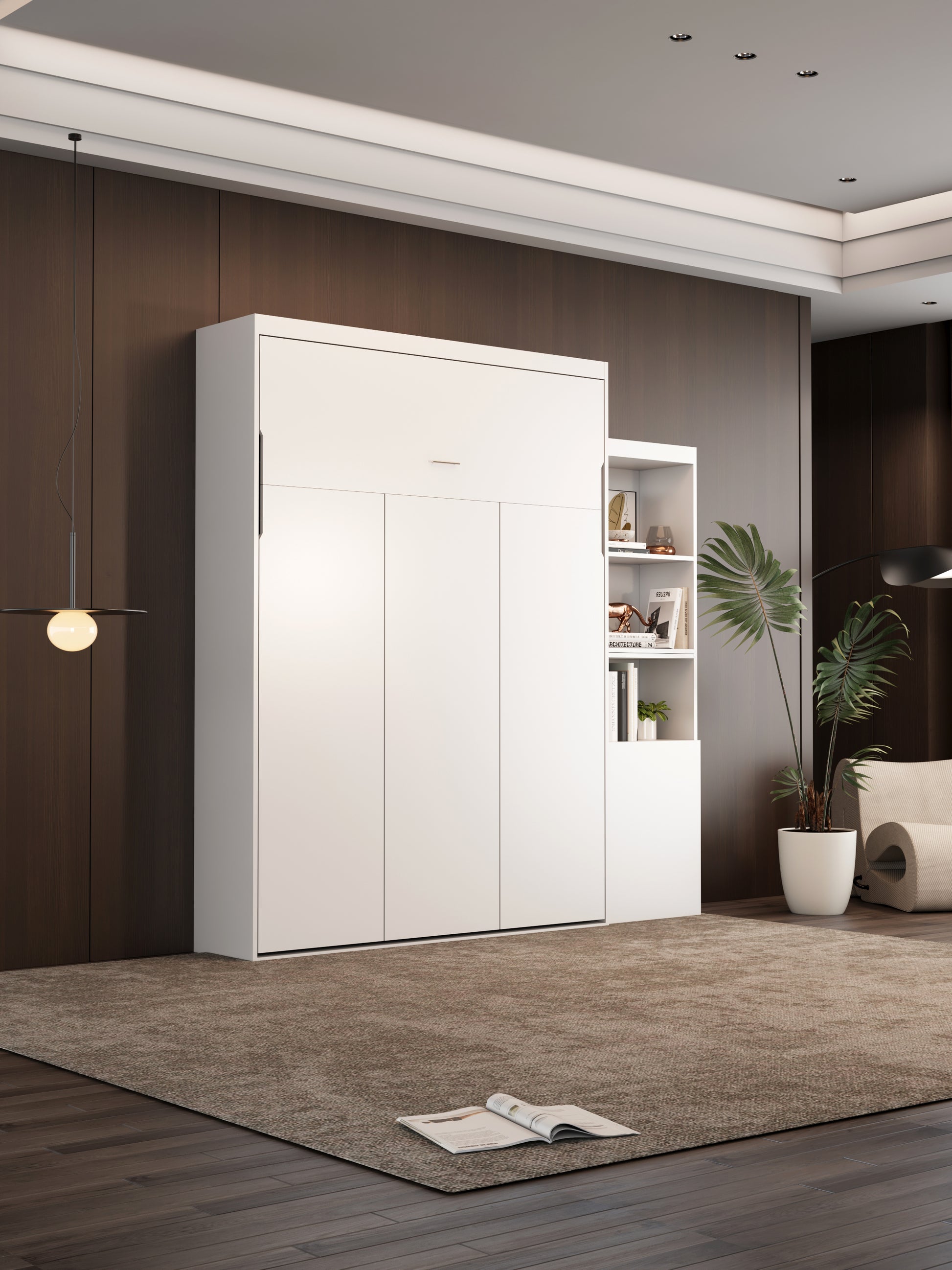 White Murphy bed with integrated shelving ideal for small apartment solutions