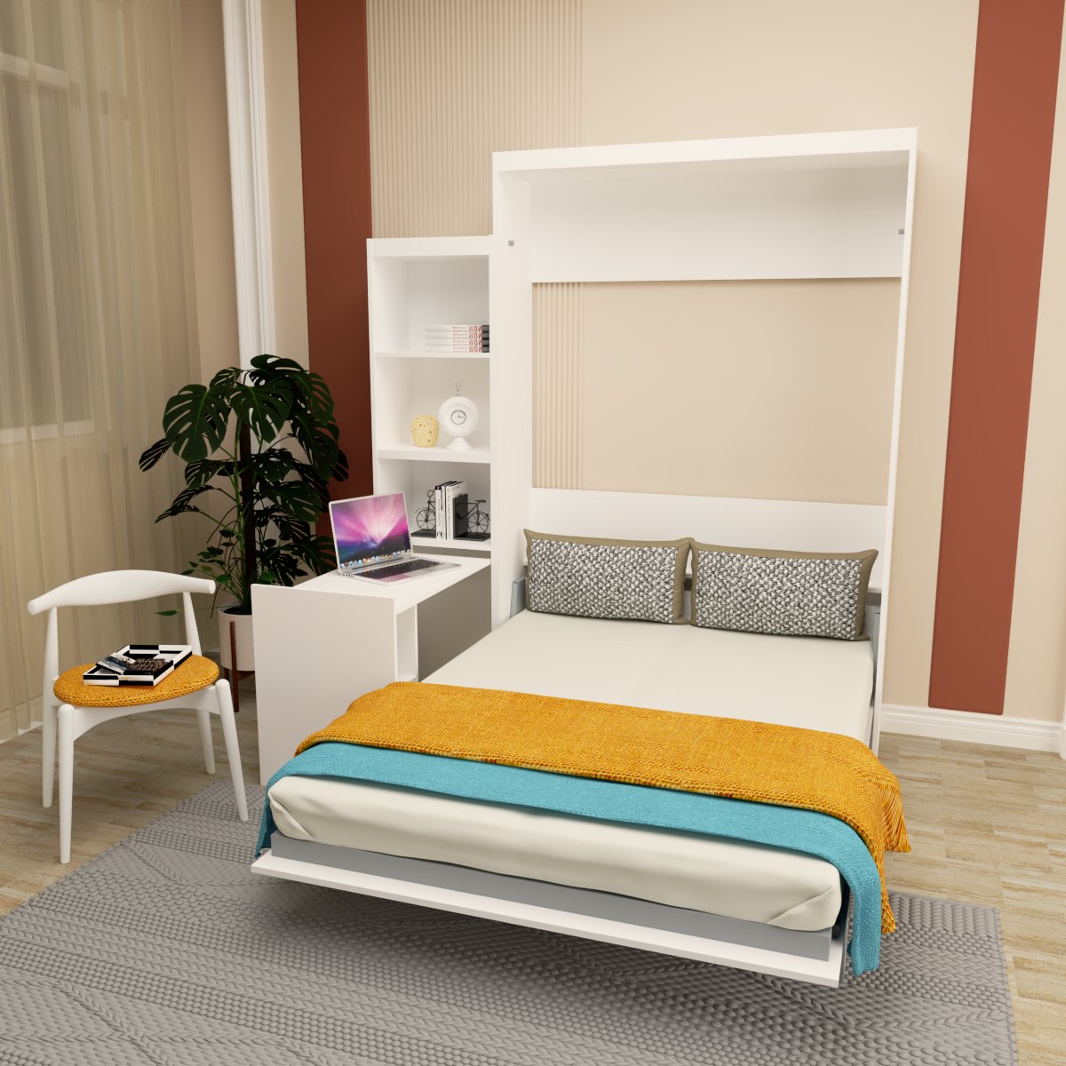 White murphy bed with integrated desk and bookshelves