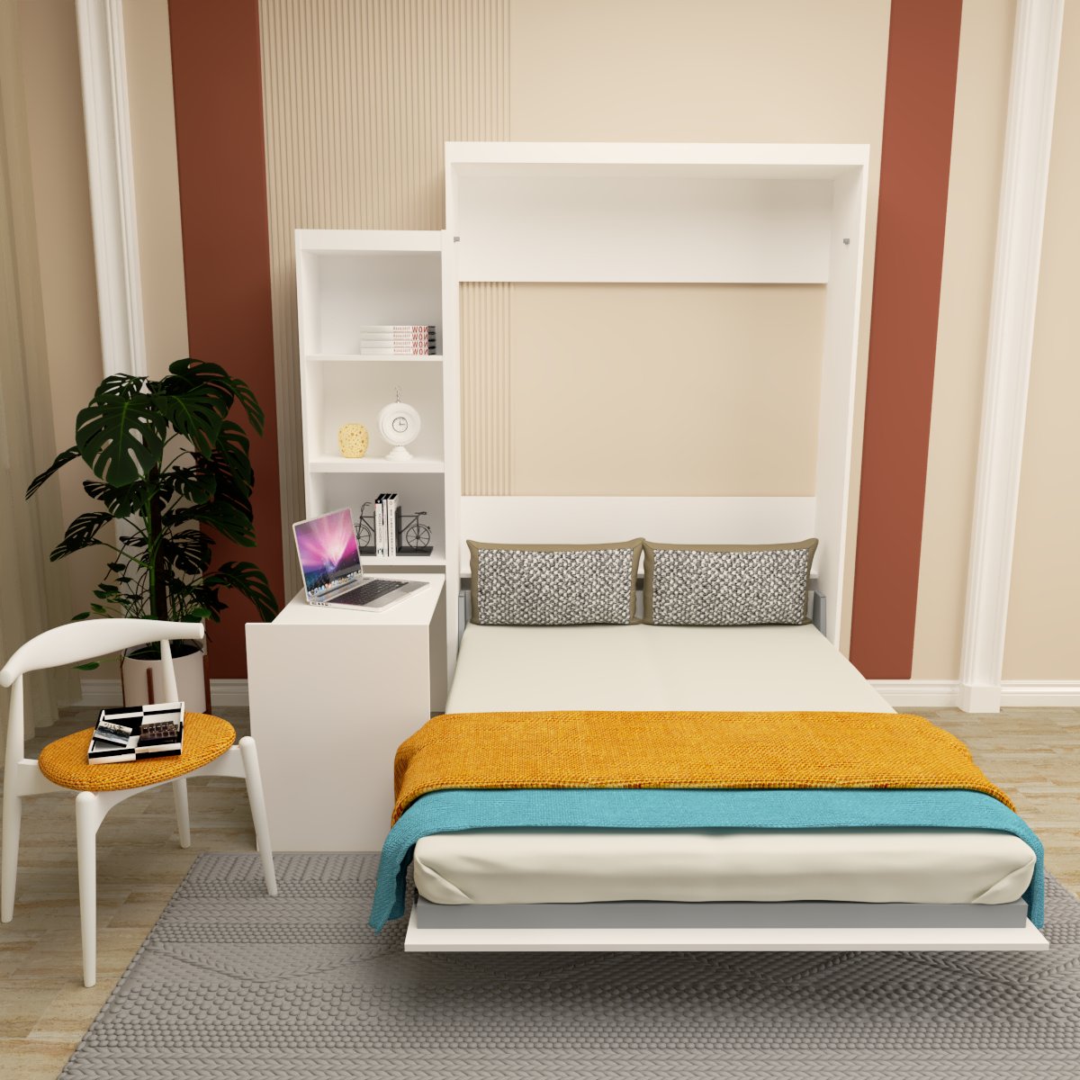 White murphy bed with integrated desk and shelving unit ideal for small spaces