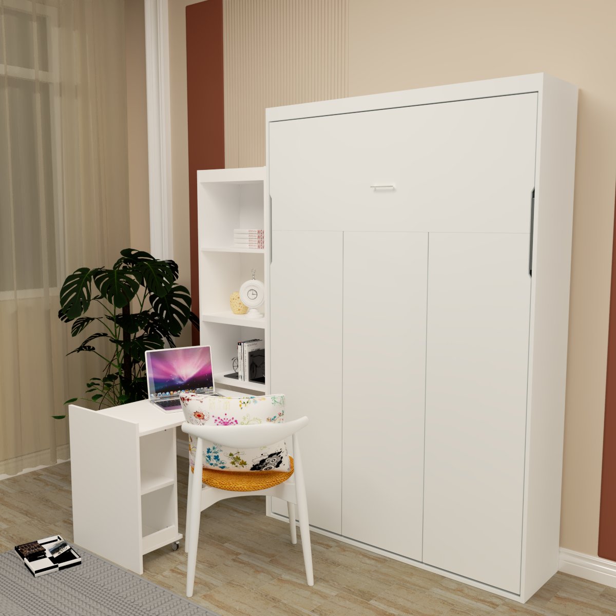 White murphy bed with integrated desk and shelving unit