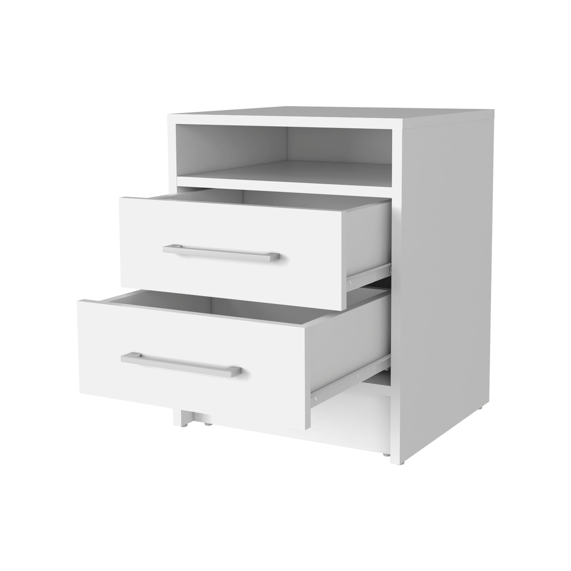 Modern white bedside table with two drawers and an open shelf ideal for small bedrooms
