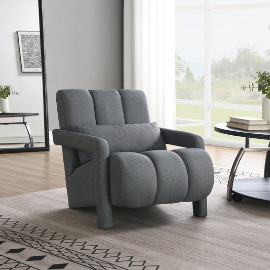Padded grey fabric armchair with lumbar support and clean modern lines perfect for a living room