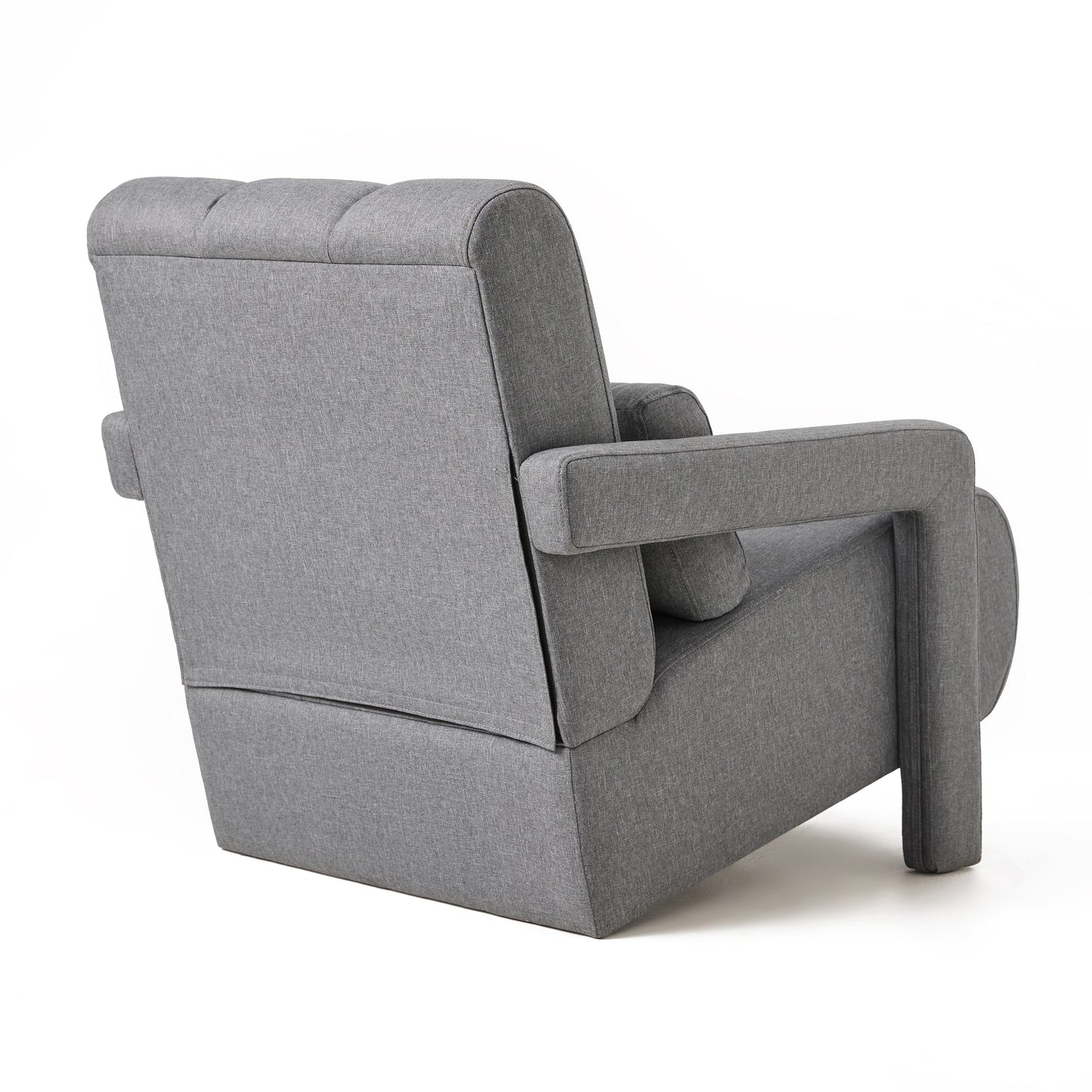 Grey fabric armchair modern design with button tufting on the backrest studio shot