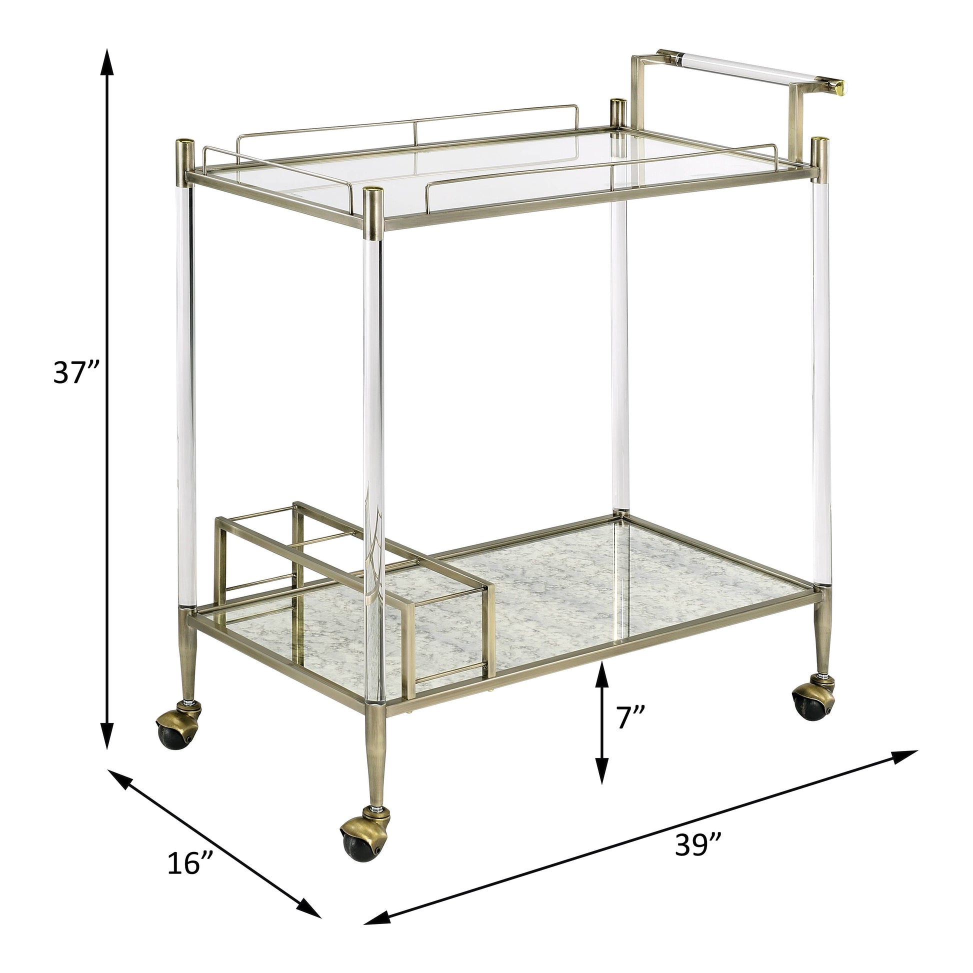 Modern brass and acrylic bar cart with mirrored shelves