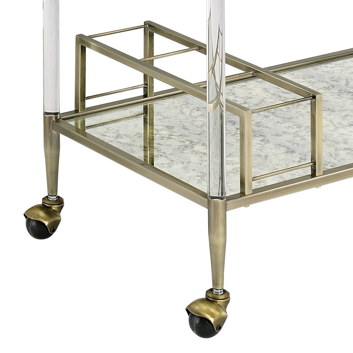 Antique brass bar cart with mirrored shelves and acrylic accents