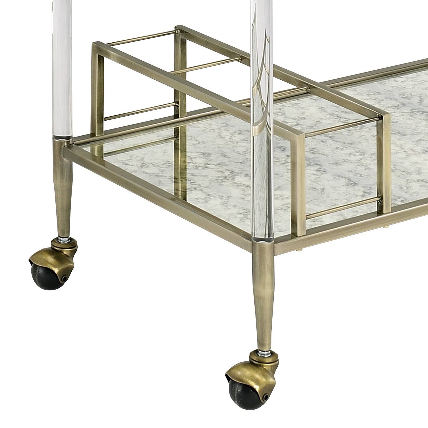 Antique brass bar cart with mirrored shelves and acrylic accents