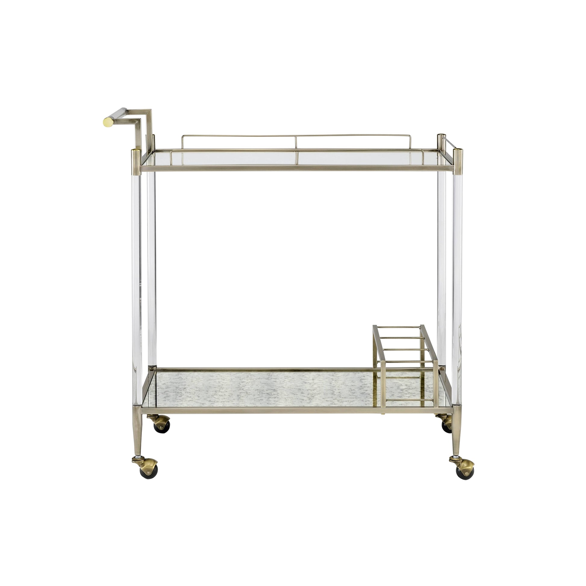 Modern acrylic and brass bar cart with mirrored bottom shelf and bottle rack