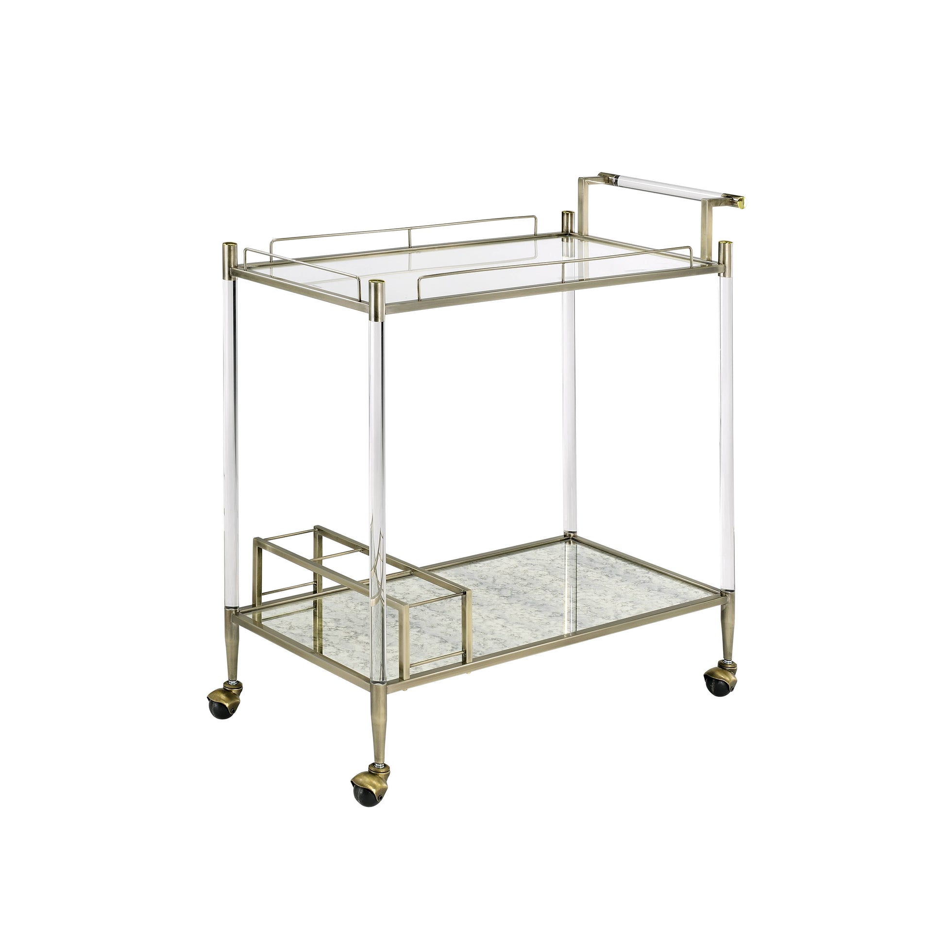 Elegant brass and acrylic bar cart with mirrored shelves