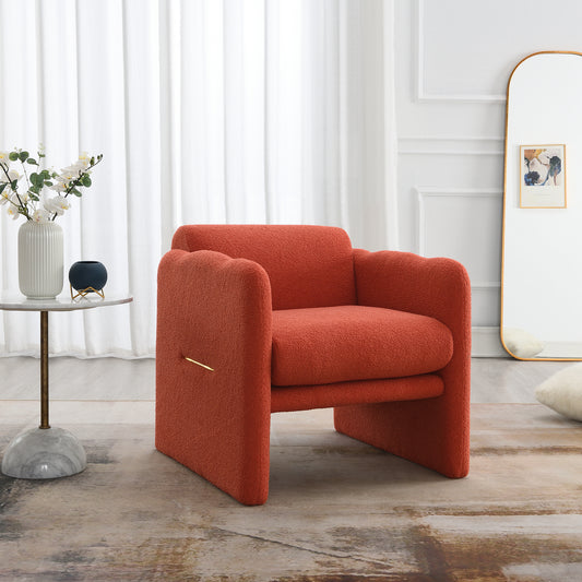 Burnt orange boucle accent chair with gold hardware and rounded arms perfect for modern living rooms