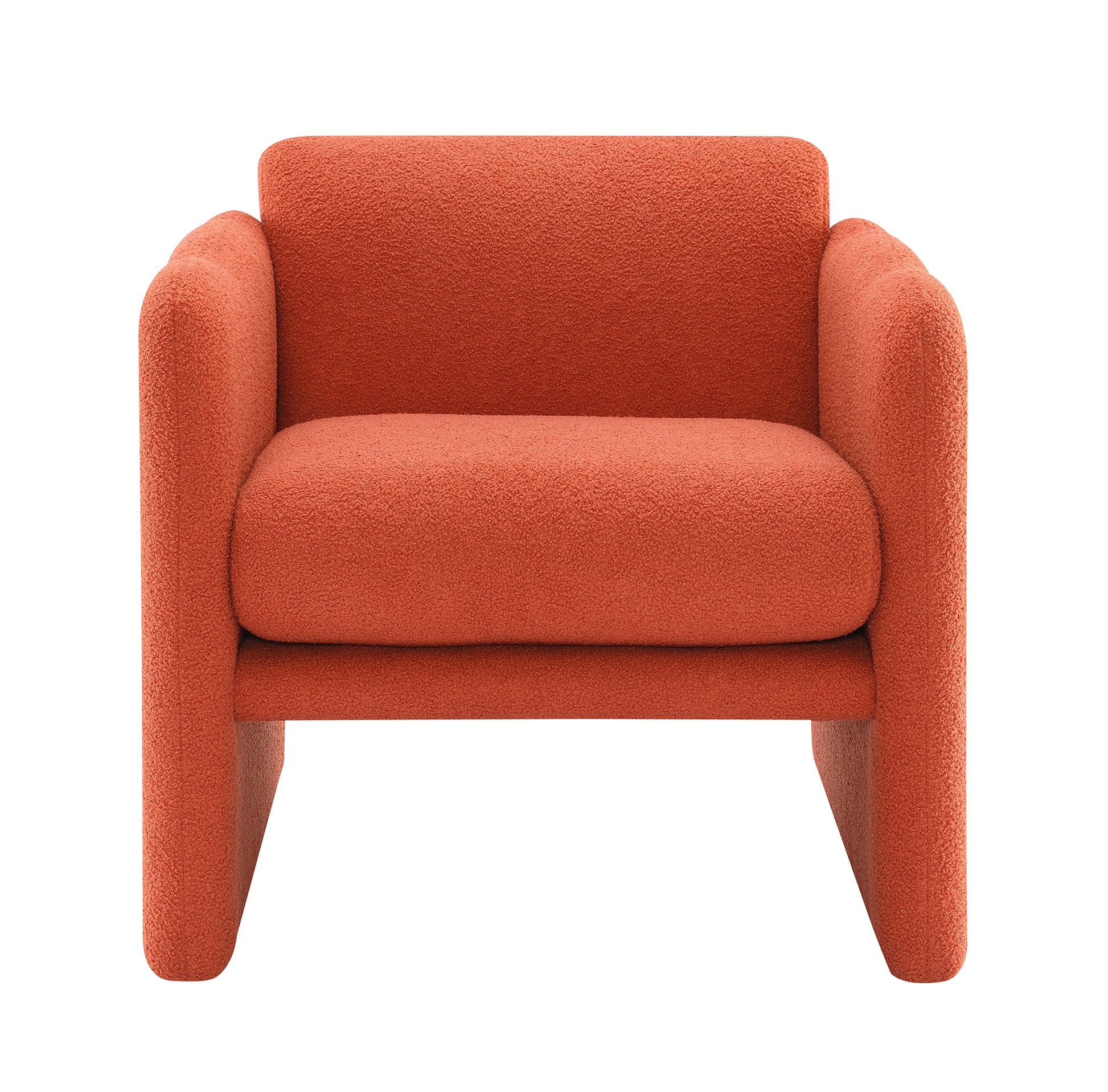 Orange boucle armchair with plush texture and wide arms