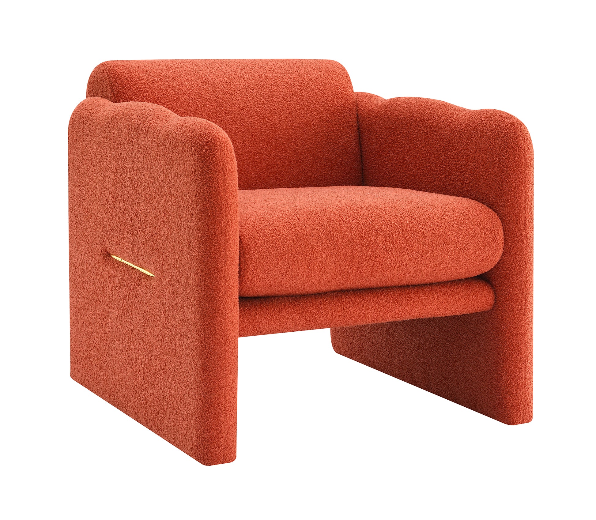 Terracotta boucle armchair with rounded arms and a sleek gold accent on the side