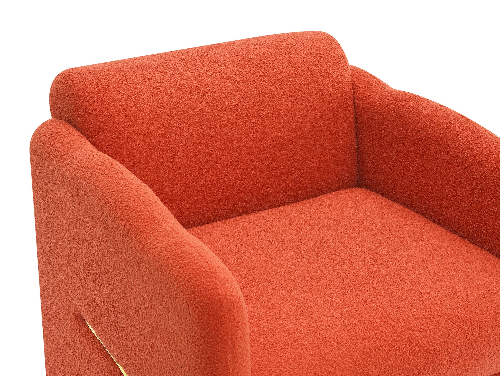 Textured orange armchair with soft boucle fabric and elegant gold accent detail
