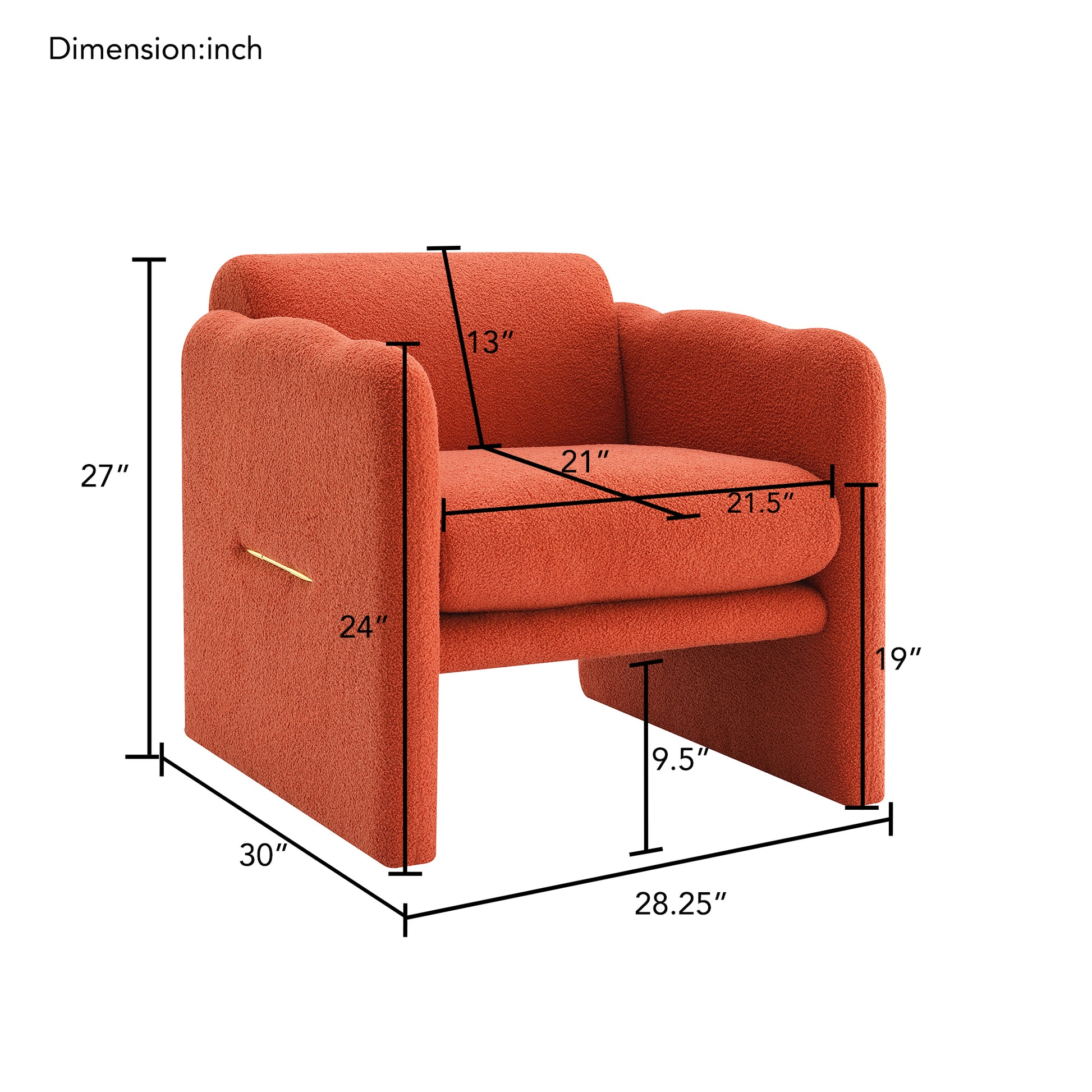 Orange boucl accent chair with rounded arms and gold detail