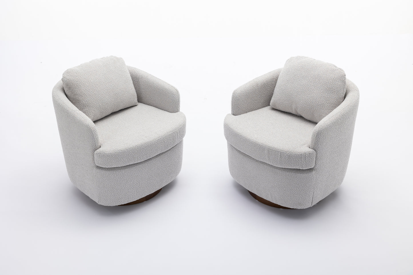Light gray boucle swivel chair with plush cushion and wooden base perfect accent seating